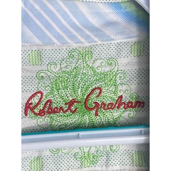 Robert Graham Men’s Green Dot Stripe Short Sleeve Button Up Shirt Size L - Picture 4 of 5